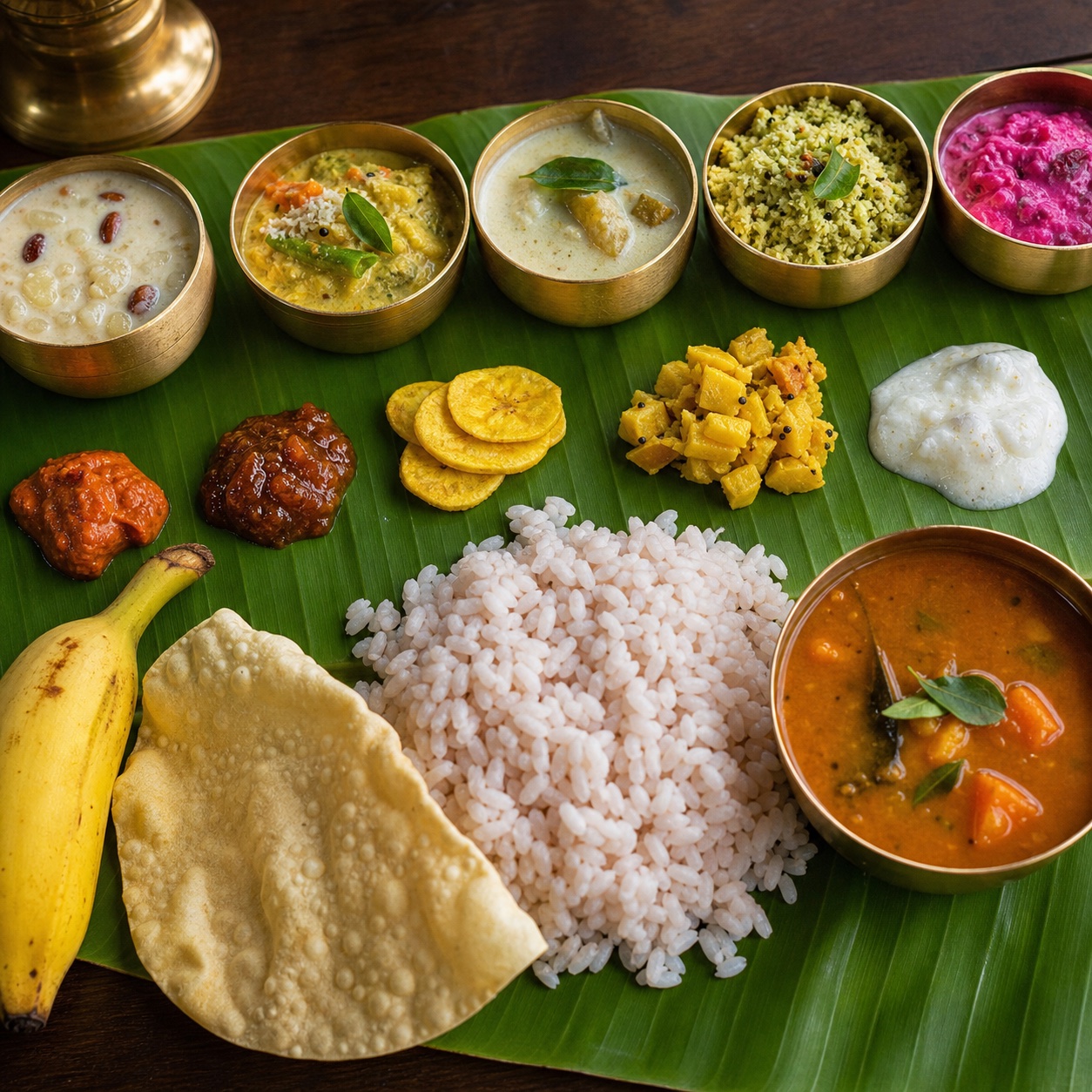 Close-up of traditional Kerala sadhya dishes on a banana leaf