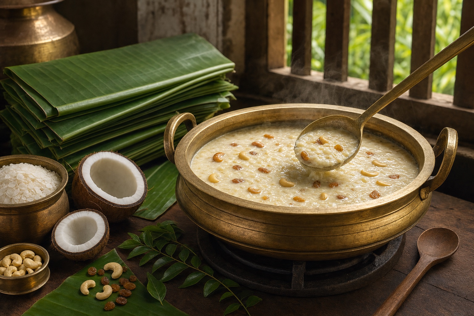 Palada payasam prepared in a brass uruli with banana leaves
