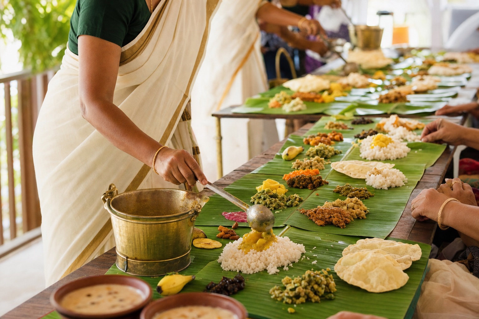 Traditional Kerala sadhya being served on banana leaves at a function